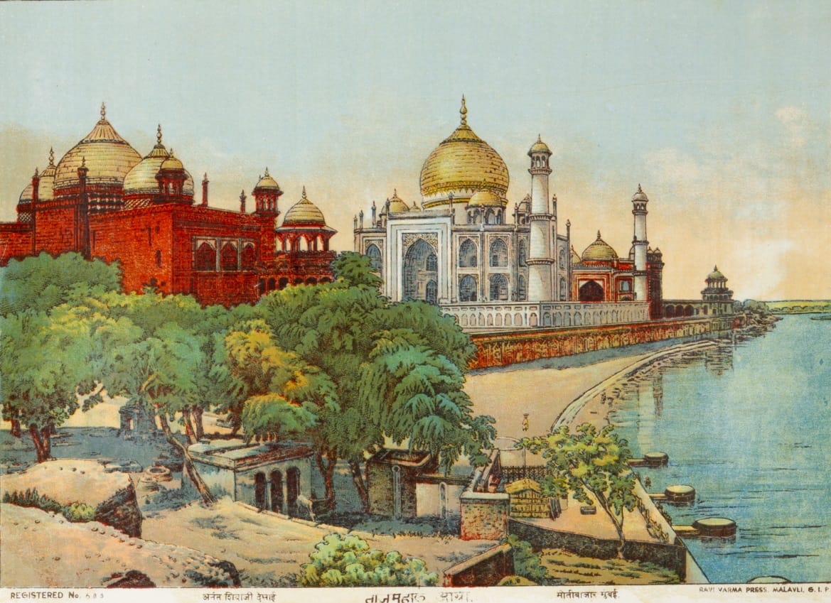 Taj Mahal Agra | Anant Shivaji Desai, Ravi Varma Press, c. 1920s | Oleograph, 35.56 x25.40 cm | Courtesy Archer Art Gallery, Ahmedabad, Museum of Art & Photography (MAP), Bengaluru