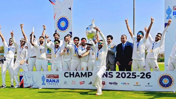 J&K team celebrating their first ever Ranji Trophy win, in Hubballi, on 28 February 2026 | X @narendramodi