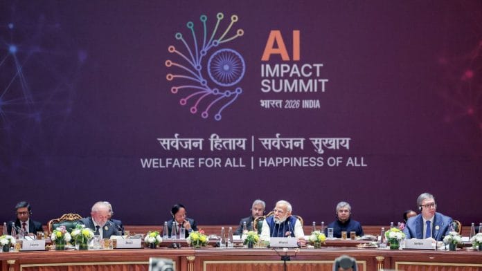 Prime Minister Narendra Modi with world leaders during the plenary session at AI Impact Summit 2026, 19 February