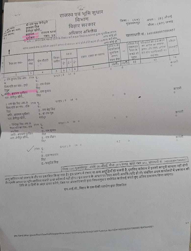Bhumihar Brahmin land records 