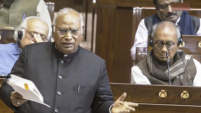 Congress President Mallikarjun Kharge speaks in the Rajya Sabha during the Budget session of Parliament, in New Delhi, Wednesday, Feb. 4, 2026. | Sansad TV via PTI Photo