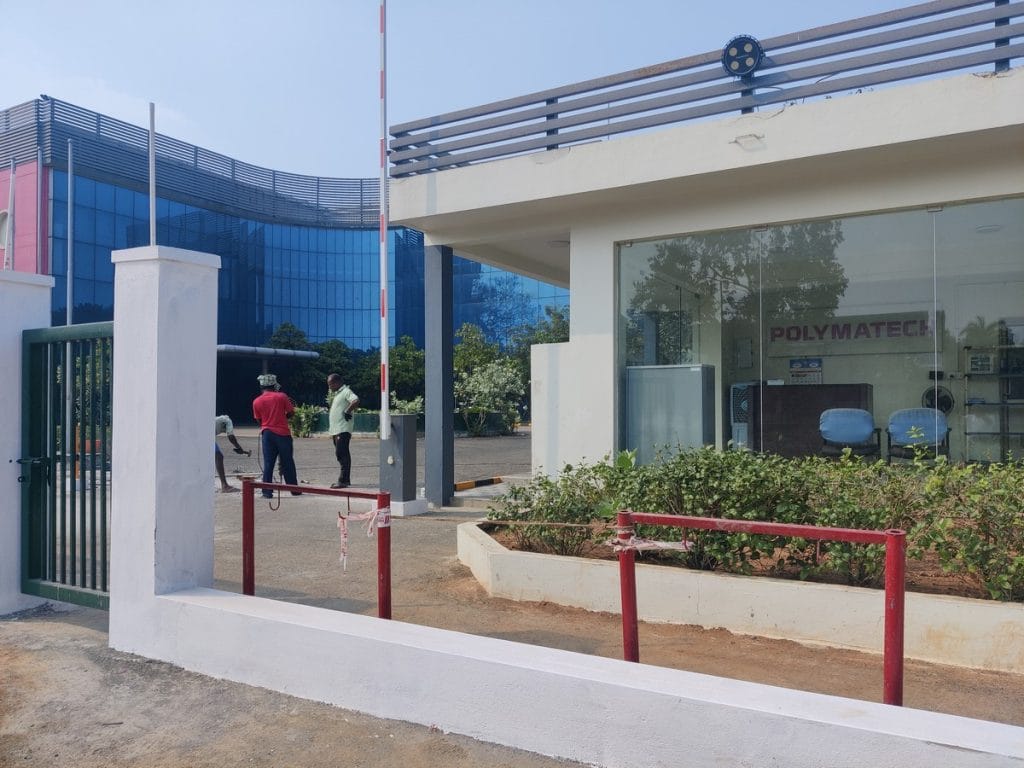 The entrance to Polymatech’s 150,000-square-foot campus in Oragadam. The facility has roughly 25 robots for every 100 employees