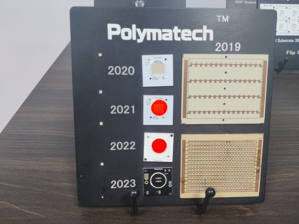 A display of semiconductor chips produced by Polymatech over the years. The unit was set up in 2018 