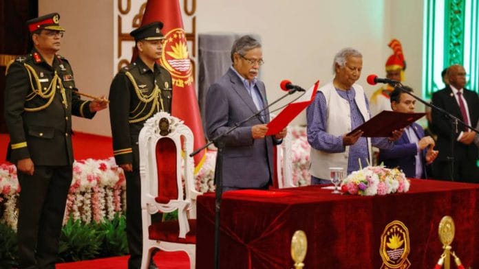 Bangladeshi President Mohammed Shahabuddin (left) officiates the oath-taking ceremony of Muhammad Yunus at Bangabhaban, Dhaka, on 8 August, 2024 | Reuters