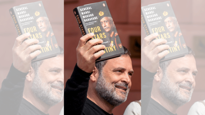 Leader of Opposition in the Lok Sabha Rahul Gandhi shows a copy of the unpublished memoir of former Army chief MM Naravane during the Budget Session of Parliament, in New Delhi | PTI