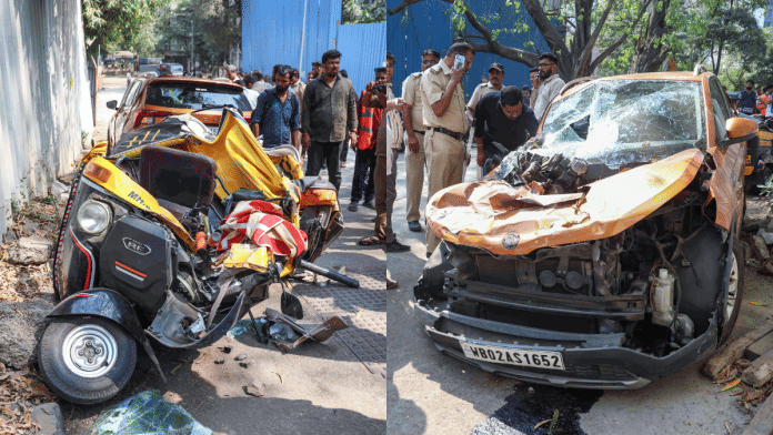 The damaged auto-rickshaw and car as a portion of the under-construction Mumatro metro pillar parapet fell on them. | ANI