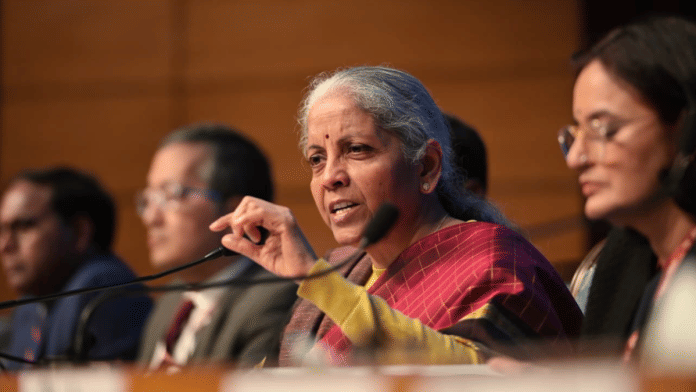 Union Finance Minister Nirmala Sitharaman addresses post-budget press conference at National Media Centre in New Delhi on Sunday. | Suraj Singh Bisht/ThePrint