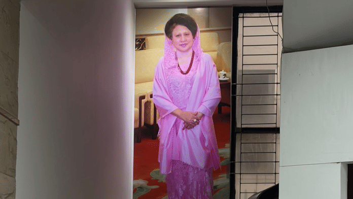 A framed picture of former BNP chairperson and ex-Bangladesh PM Khaleda Zia at the entrance of BNP’s office in Gulshan. | Debdutta Chakraborty/ThePrint