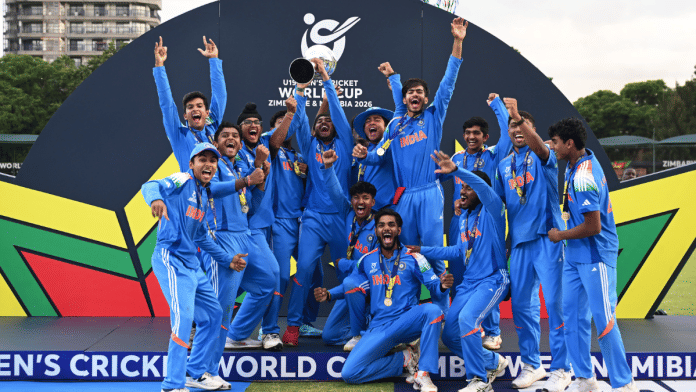 The jubilant Indian cricket team with the U19 World Cup trophy in Harare on Friday | X/@BCCI