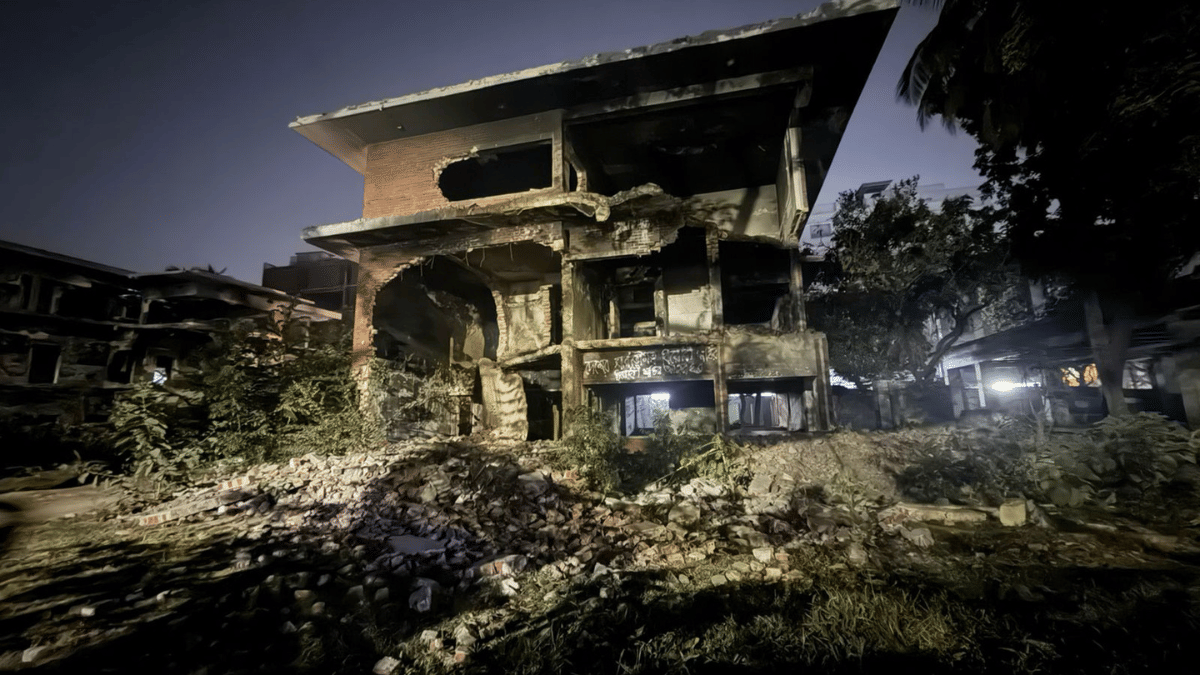 The residence of Bangladesh's founder Sheikh Mujibur Rahman, located at Road No. 32, Dhanmondi, Dhaka, that was vandalised and set on fire by mobs in early February 2025 | Debdutta Chakraborty | ThePrint