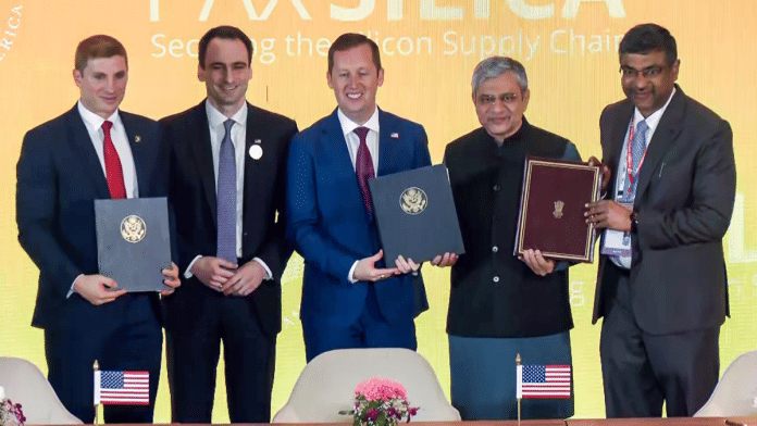 Union Minister Ashwini Vaishnaw, US Ambassador to India Sergio Gor, US Under Secretary of State Jacob Helberg, and officials at a ceremony in New Delhi as India formally joins Pax Silica on Friday. | ANI video grab