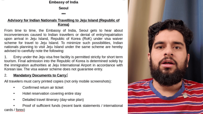 The advisory followed a widely shared video by Indian travel vlogger Sachin Awasthi. | X/@IndiainROK; YouTube/@Sachin Awasthi Unscripted
