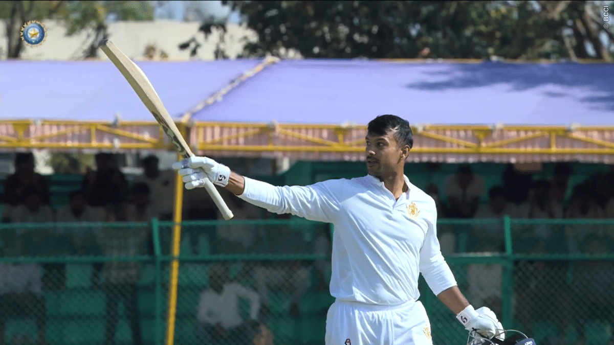 Karnataka's Mayank Agarwal celebrates his century against J&K. | Screengrab/bcci.tv