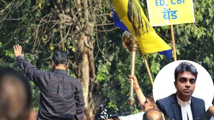 Ex-CM Arvind Kejriwal outside his house after he was discharged in liquor policy case by Rouse Avenue court special judge Jitendra Singh (inset). | Praveen Jain/ThePrint
