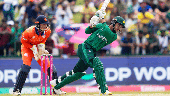 Pakistan's Saim Ayub plays a shot during the T20 World Cup cricket match between Netherlands and Pakistan in Colombo, Sri Lanka | AP via PTI