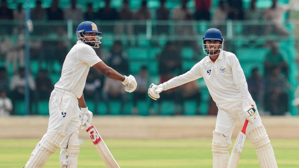 Jammu and Kashmir's captain Paras Dogra (left) and Kanhaiya Wadhawan during the second day of the Ranji Trophy final at the KSCA Cricket Stadium in Hubballi | PTI