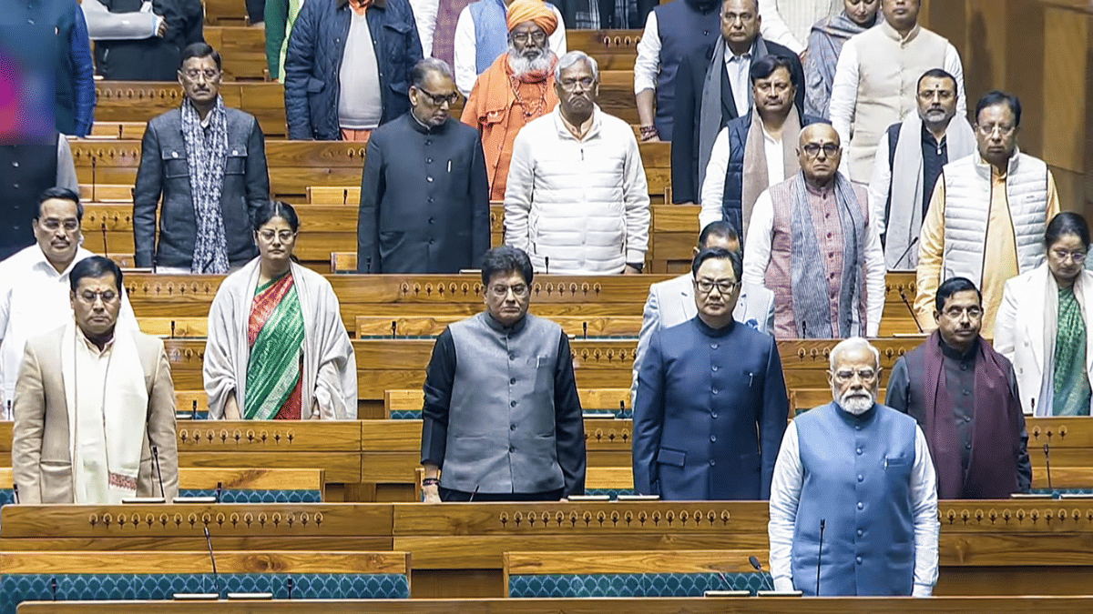 PM Modi and other MPs observe two-minute silence to pay tribute to former Bangladesh Prime Minister Khaleda Zia in Lok Sabha on the first day of the Budget Session. | Sansad TV/ANI