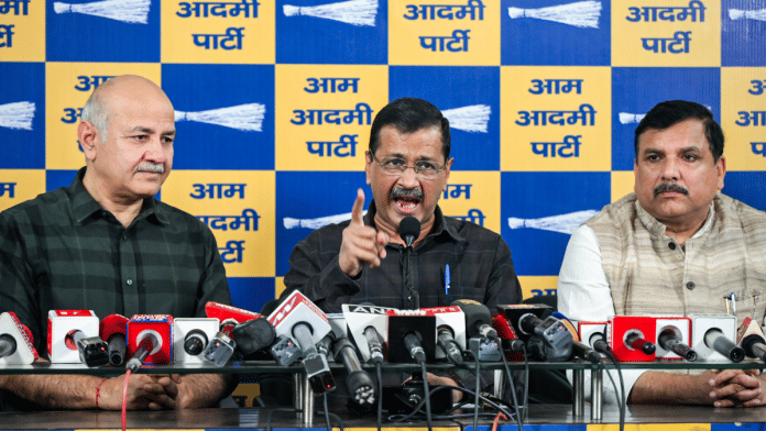 Ex-Delhi CM Arvind Kejriwal addresses press conference with Manish Sisodia and Sanjay Singh after the court order in excise policy case. | ANI Photo/Jitender Gupta