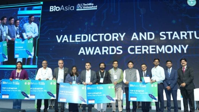 Minister for Industries and IT in Telangana, D Sridhar Babu, with start up founders in the healthcare sector during the event | Deepika Amirapu | ThePrint