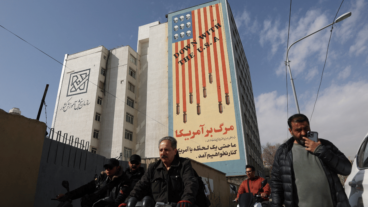 A graffiti on a wall reads 'Down with the USA', after Israel said it launched a pre-emptive attack against Iran, in Tehran. Majid Asgaripour/WANA via Reuters