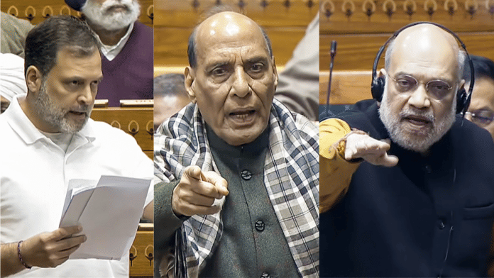 LoP Rahul Gandhi, Defence Minister Rajnath Singh and HM Amit Shah in Lok Sabha on Monday. | SansadTV/ANI