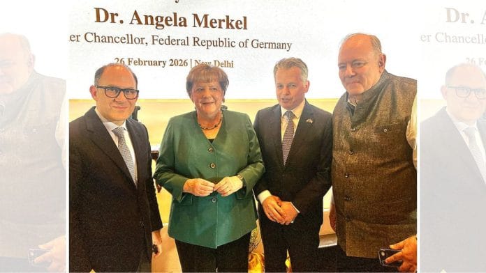 Former German Chancellor Angela Merkel, during her visit to Delhi, along with my fellow ambassadors from Colombia and Uruguay. | X