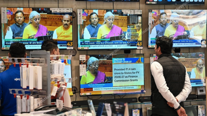 People watching Finance Minister Nirmala Sitharaman present Union Budget 2026-27 in New Delhi on 1 February 2026 | Suraj Singh Bisht/ThePrint