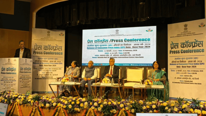 MoSPI officials releasing CPI numbers at a press conference in New Delhi Thursday. | Udit Bubna/ThePrint