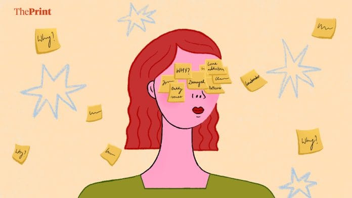 Illustration of a woman with sticky notes covering her face. Many of them feature the word 'why'.