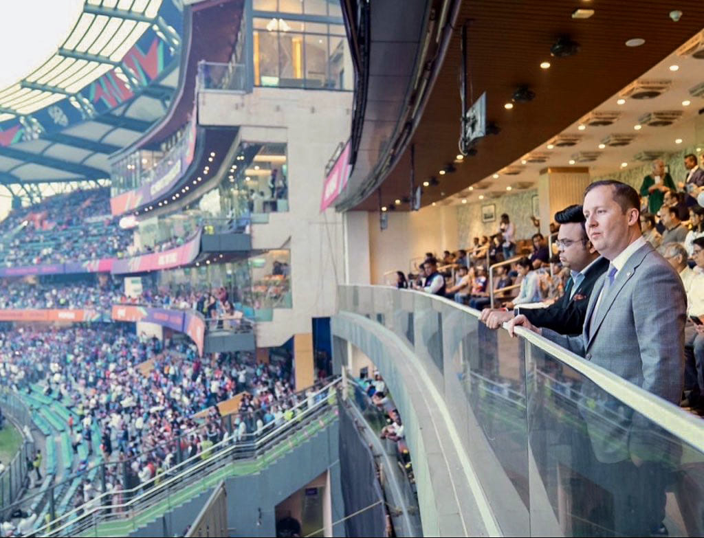 ICC Chairman Jay Shah and US Ambassador to India Sergio Gor at Wankhede Stadium, in Mumbai | @USAmbIndia X/ANI