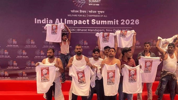 Indian Youth Congress members protesting shirtless at India AI Impact Summit