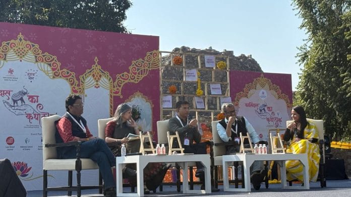 Pawan Kumar, Tanuja Thakur Khalkho, Alok Kumar, and Priyanka Sharma at the book launch of Sanjhe Lamhon Ki Mehak on 8 February at Purana Qila | Sakshi Mehra, ThePrint