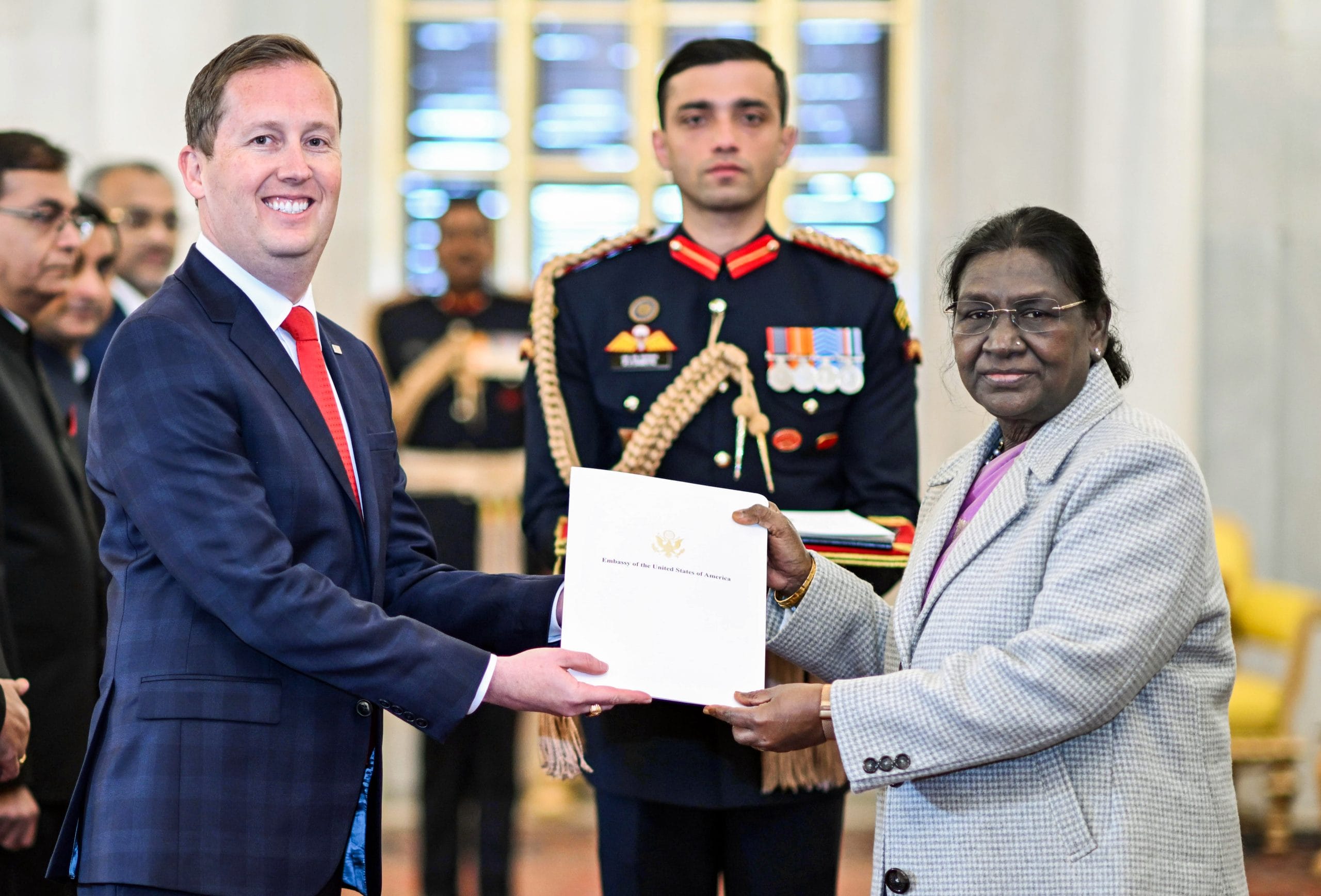 US Ambassador to India Sergio Gor presents his credentials to President Droupadi Murmu at a ceremony held at Rashtrapati Bhavan, in New Delhi | Office of Press Secretary to the President/ANI