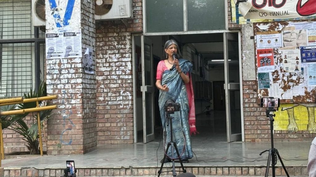 Jayati Ghosh, an economist and former JNU faculty, before her speech at the university campus | Sakshi Mehra