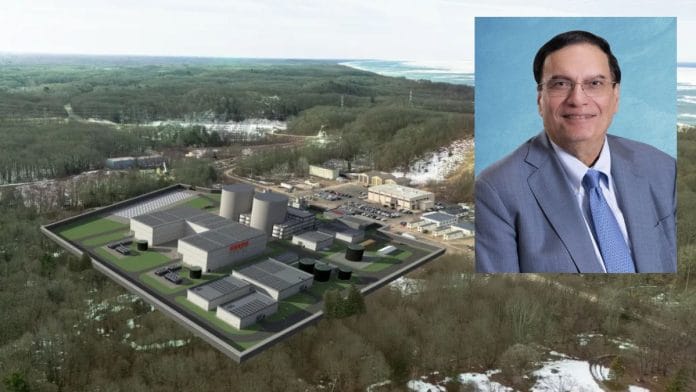 Rendering of the first two Holtec SMR-300 units at the Palisades Energy site in Covert, Michigan, Holtec CEO Kris Singh (inset) | holtecinternational.com