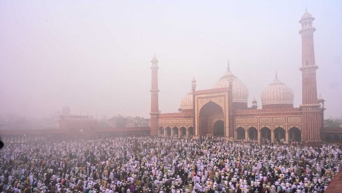 Muslims gather at Jama Masjid to offer prayer on the occasion of Eid-ul-Fitr in New Delhi on Saturday | Suraj Singh Bisht | ThePrint