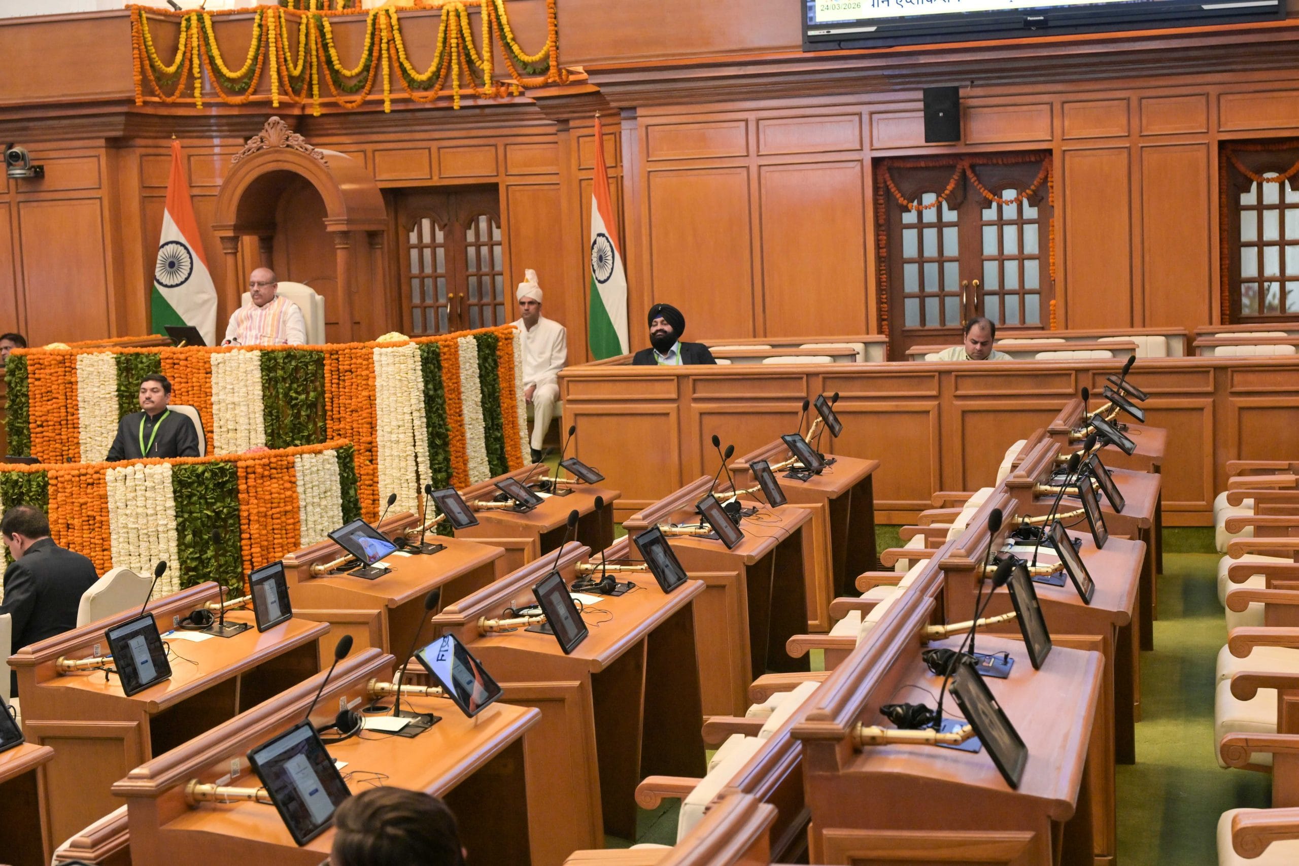 Opposition benches in Delhi Assembly seen vacant during CM Rekha Gupta’s presentation of the Budget for the year 2026-27 on 24 March 2026 | Suraj Singh Bisht | ThePrint