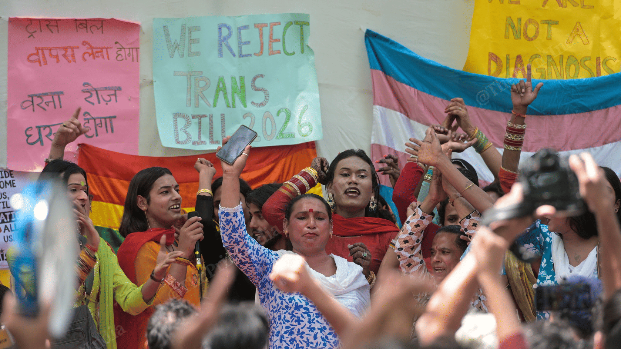 Transgender individuals, activists, and supporters gathered at Jantar Mantar, New Delhi, to protest the proposed Transgender Persons (Protection of Rights) Amendment Bill, 2026. | Suraj Singh Bisht | ThePrint