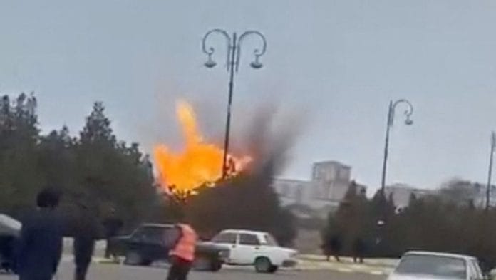 A drone explodes at the airport of Nakhchivan, Azerbaijan, in this screengrab obtained from a social media video released March 5, 2026. Social Media/via REUTERS