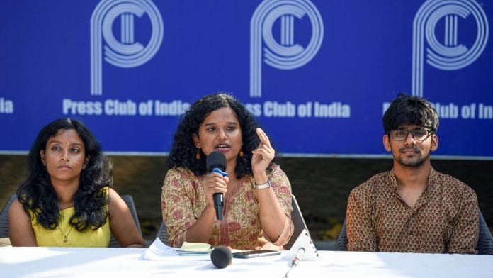 JNUSU President Aditi Mishra, along with Jnusu Vice President Kizhakoot Gopika Babu and others adresses a press conference at Press Club of India, in New Delhi on Wednesday. | ANI Photo/Amit