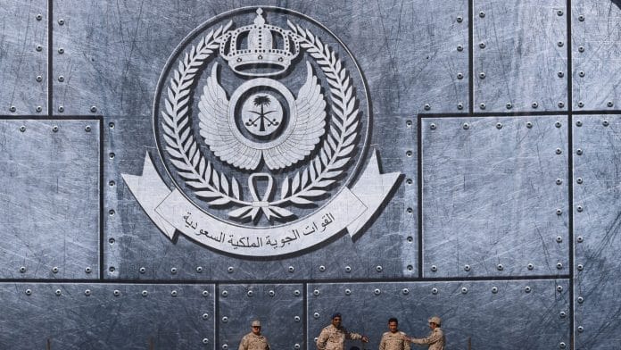 The Saudi Air Force logo at the King Faisal Air Academy at King Salman airbase in Riyadh. | Photographer: Fayez Nureldine/AFP/Getty Images