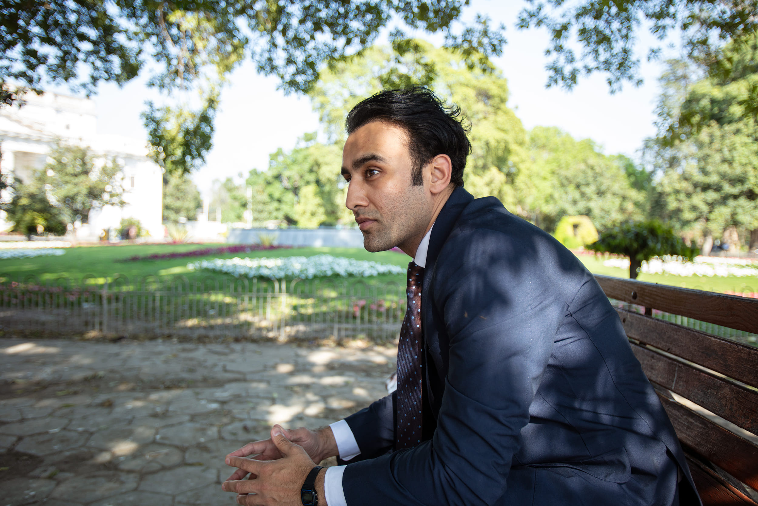 Bilal Bin Saqib outside the Quaid-e-Azam Library in Lahore on March 27. | Photographer: Shah Zaman/Bloomberg