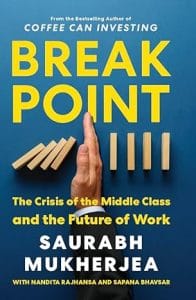 Cover of 'Breakpoint' by Saurabh Mukherjea with Nandita Rajhansa and Sapana Bhavsar, featuring a photo of a palm stopping dominos as they fall.