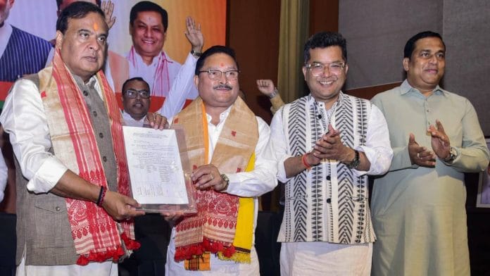 Assam Chief Minister Himanta Biswa Sarma and Assam BJP chief Dilip Saikia after the declaration of BJP candidates for the state assembly election this year, at the BJP head office in Guwahati Thursday | Photo: ANI