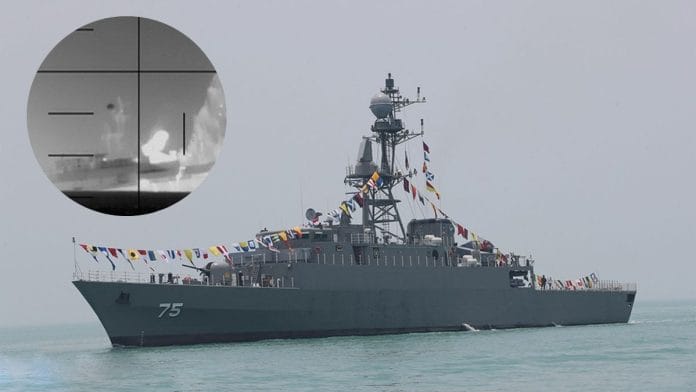 File photo of IRIS Dena & (inset) a screenshot of the moment it was hit by a torpedo launched by a US submarine, possibly seen from a periscope | Commons