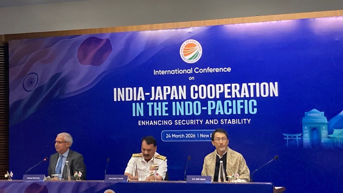 (L-R) Former MEA Secy (East) Jaideep Mazumdar with Chief of Naval Staff Admiral Dinesh K. Tripathi and Keiichi Ono, Ambassador of Japan to India | Keshav Padmanabhan/ThePrint