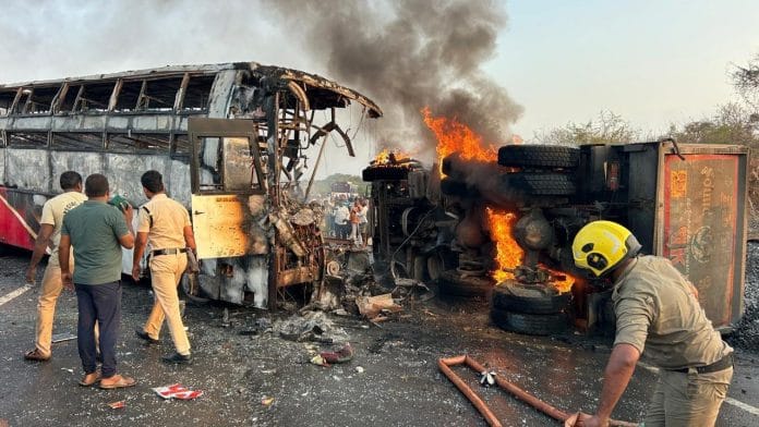 Bus catches fire after crashing into a lorry, Andhra Pradesh, 26 March | ANI