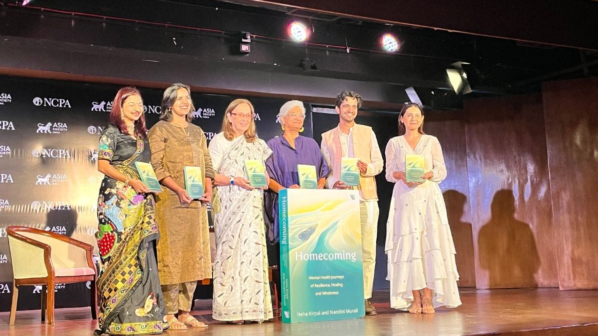 From left to right: Devika Mehta Kadam, co-founder of Synchrony India; Neha Kirpal, co-founder or Amaha Health and co-editor of the book Homecoming: Mental Health Journeys of Resilience, Healing, and Wholeness; Dr Pheroza Godrej; Dr Kavita Arora, co-founder of Children First Mental Health Institute, Anish Gawande, founder of Pink List India; and Inakshi Sobti, CEO of Asia Society India Centre, at Mumbai’s NCPA | Kasturi Walimbe | ThePrint