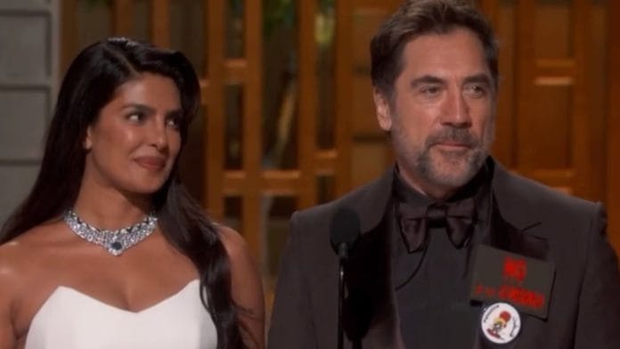 Indian actor Priyanka Chopra Jonas presenting the award for Best International Film along with Spanish actor Javier Bardem | Screenshot | ABC