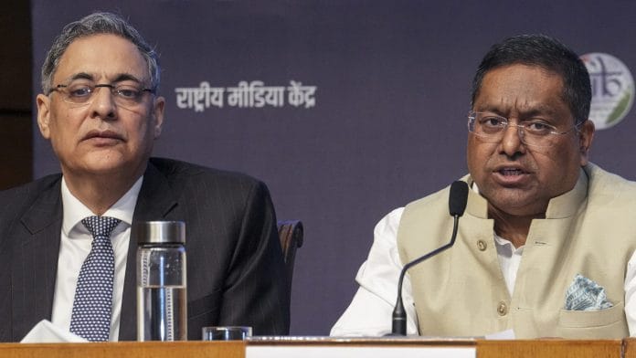 Spokesperson of the Ministry of External Affairs Randhir Jaiswal, right, speaks during an inter-ministerial briefing in view of the recent global developments, as Joint Secretary (Gulf) Aseem Mahajan looks on, at the National Media Centre, in New Delhi, Wednesday, March 11, 2026. | PTI Photo/Kamal Kishore